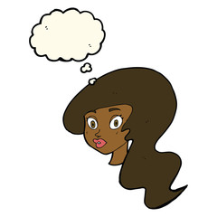 cartoon pretty female face with thought bubble