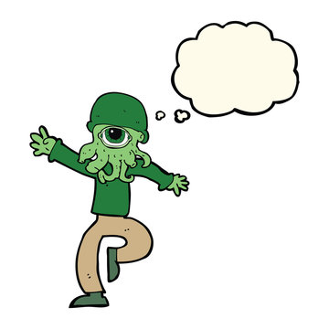 cartoon alien monster man with thought bubble