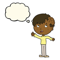 cartoon boy with growth on head with thought bubble