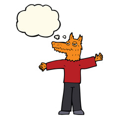 cartoon happy fox man with thought bubble