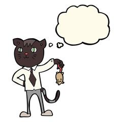 cartoon business cat with dead mouse with thought bubble