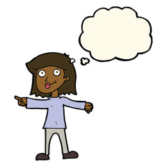 cartoon happy woman pointing with thought bubble