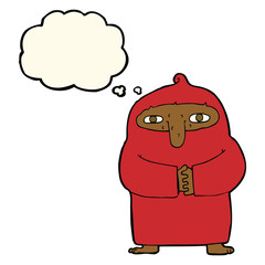 cartoon monk in robe with thought bubble