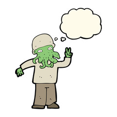 cartoon cool alien with thought bubble