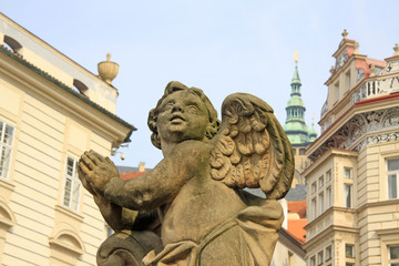Statue on the Holy Trinity Column (Plague Column) at Lesser Town Square. Prague, Czech Republic