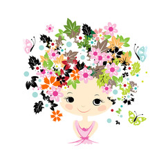 Female portrait with floral hairstyle for your design