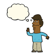 cartoon man giving peace sign with thought bubble