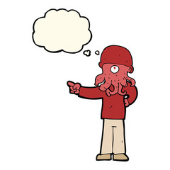 cartoon alien monster man with thought bubble