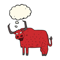 cartoon hairy cow with thought bubble
