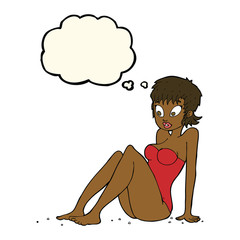 cartoon woman in swimsuit with thought bubble