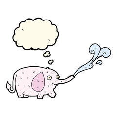 cartoon funny little elephant squirting water with thought bubbl