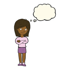 cartoon friendly girl rolling eyes with thought bubble