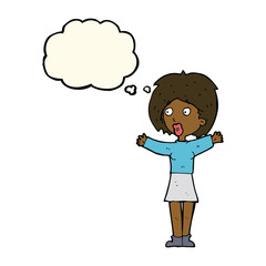 cartoon worried woman with thought bubble