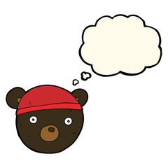 cartoon black bear cub wearing hat with thought bubble
