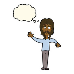 cartoon waving man with mustache with thought bubble