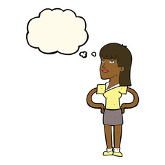 cartoon woman with hands on hips with thought bubble
