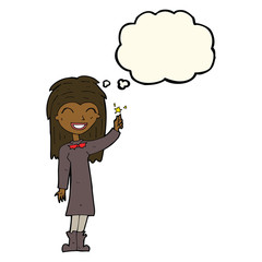 cartoon friendly witch girl with thought bubble