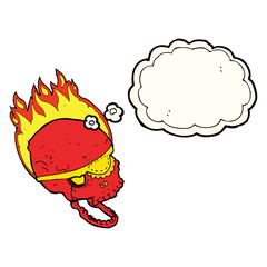 cartoon spooky skull with eye patch with thought bubble