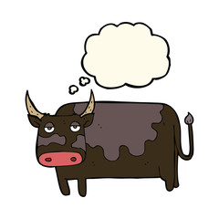 cartoon cow with thought bubble