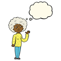 cartoon annoyed old woman waving with thought bubble