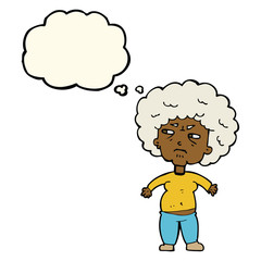 cartoon annoyed old woman with thought bubble