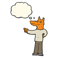 cartoon pointing fox man with thought bubble