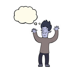 cartoon happy vampire man with thought bubble