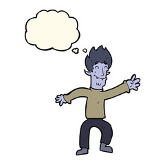 cartoon happy vampire man with thought bubble