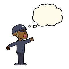 cartoon security guy with thought bubble