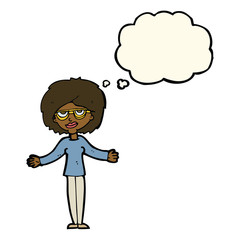 cartoon woman wearing spectacles with thought bubble