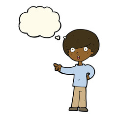 cartoon pointing boy with thought bubble
