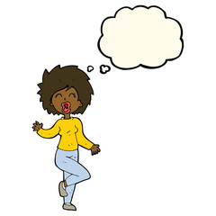 cartoon woman dancing with thought bubble