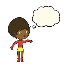 cartoon concerned woman reaching out with thought bubble