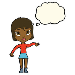 cartoon woman waving hand with thought bubble
