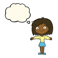 cartoon happy girl with thought bubble