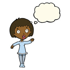 cartoon waving woman with thought bubble