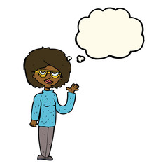 cartoon woman waving with thought bubble