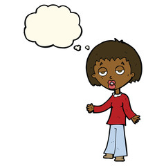 cartoon tired woman with thought bubble