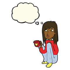 cartoon woman sitting with cup of coffee with thought bubble