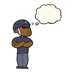 cartoon security guard with thought bubble