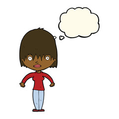 cartoon woman staring with thought bubble