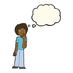 cartoon boy wondering with thought bubble
