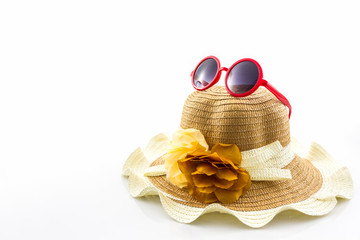 Woven hat, with red sunglasses.
