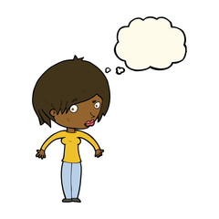 cartoon woman shrugging with thought bubble
