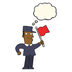 cartoon man waving flag with thought bubble
