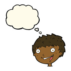 cartoon laughing boy with thought bubble