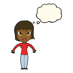 cartoon woman shrugging shoulders with thought bubble