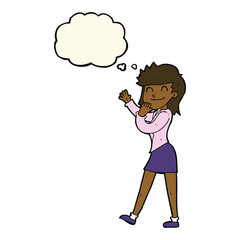 cartoon happy businesswoman with thought bubble