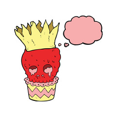 spooky skull cupcake cartoon with thought bubble