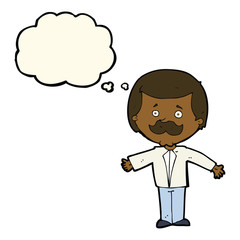 cartoon mustache man with open arms with thought bubble